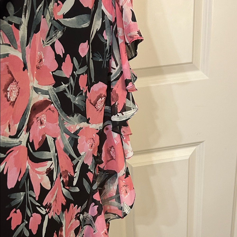 NWT Beautiful Floral Pink and Black Maxi Dress w/ Dramatic Front Ruffle - Picture 5 of 7
